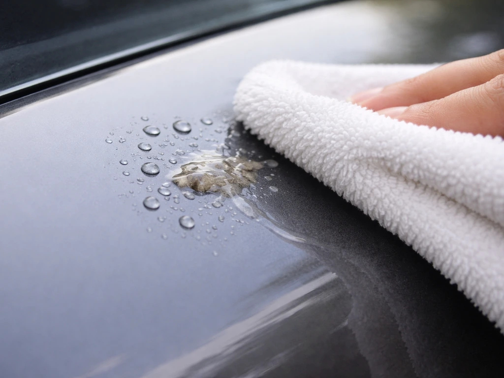 Microfiber cloth wiping freshly wetted bird droppings on a car’s clear coat paint.