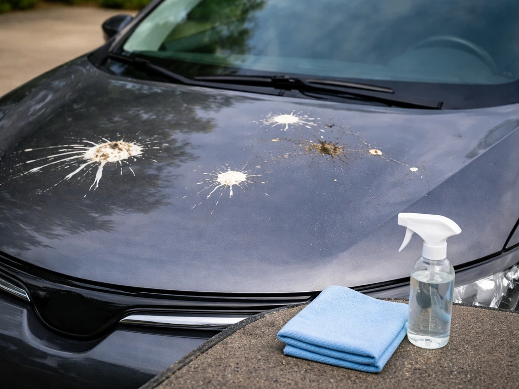 Car hood with fresh and dried bird droppings, with a microfiber cloth and spray bottle nearby.