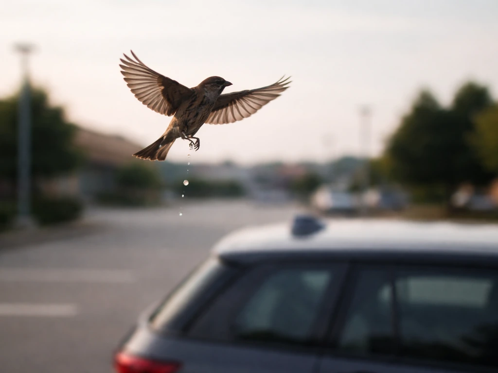 Small bird mid-flight releasing a droplet, with a softly blurred car below.