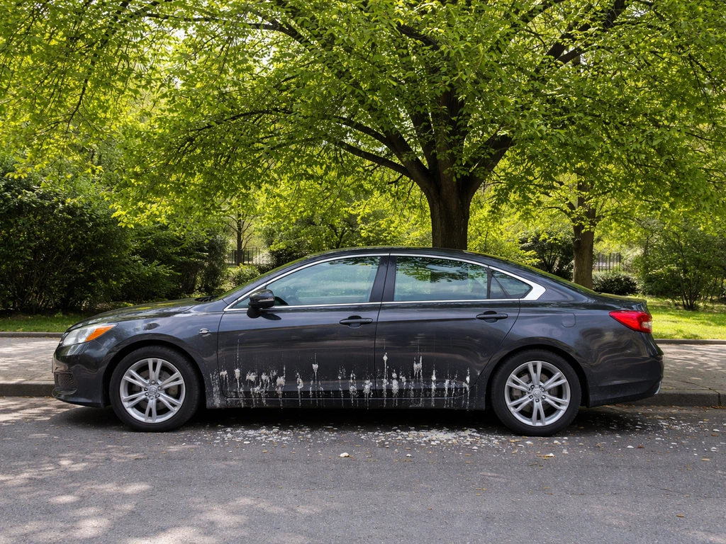 Parked car under a spring tree with visible bird droppings on the lower body and ground.