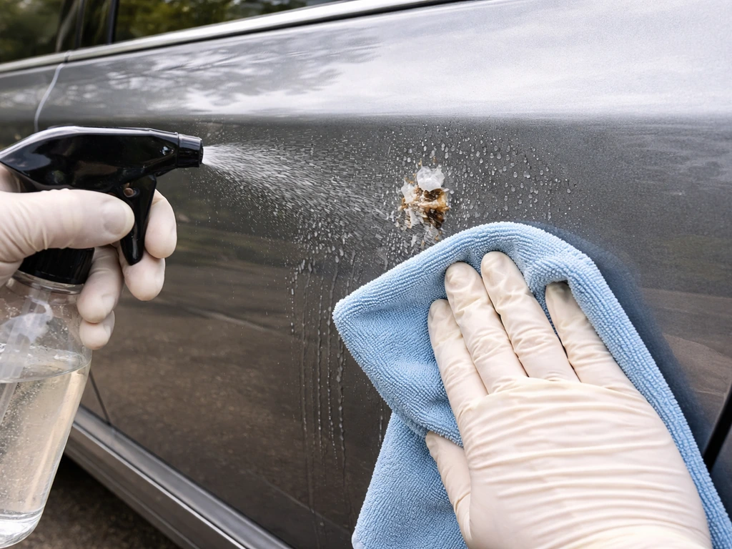 Gloved hand gently wipes bird droppings off a car with a microfiber towel while water mist softens it.