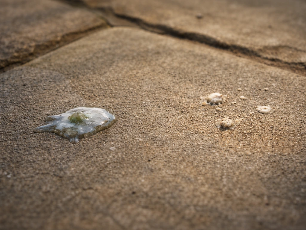 Close-up of patio stone showing a fresh wet bird droplet smear and nearby dried specks of droppings.