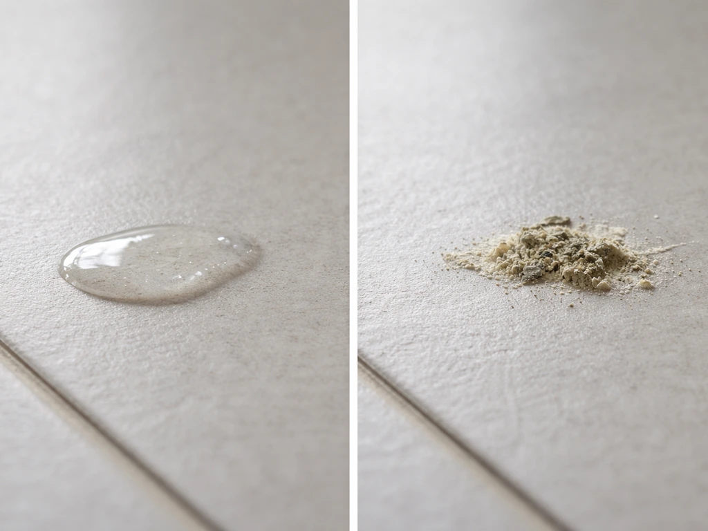 Close-up of fresh glossy bird spit-like wet secretion beside dried droppings on a neutral tile.