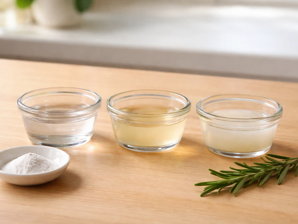Close-up of three small ingredient-like bowls with clear, beige, and pale liquid samples in a simple kitchen setting.