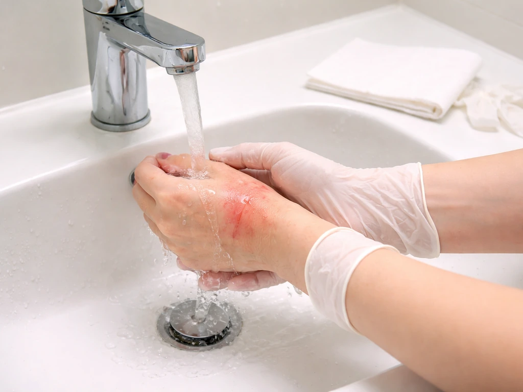 Gloved hands rinsing a small irritated skin spot under clean running water beside a paper towel.