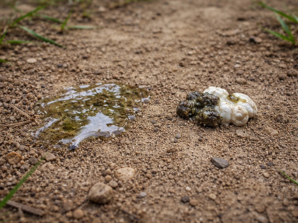 Close-up of liquid bird droppings next to formed droppings with pale urates on a small ground patch.