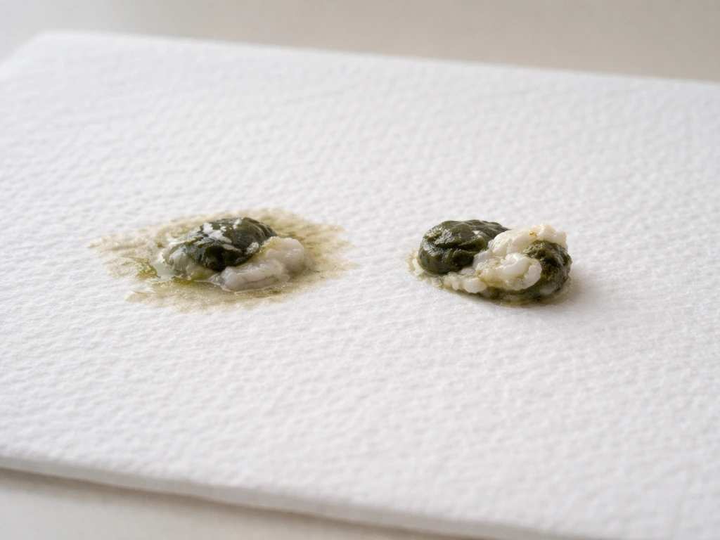 Two small bird droppings side-by-side on a paper towel, one watery and one more formed.