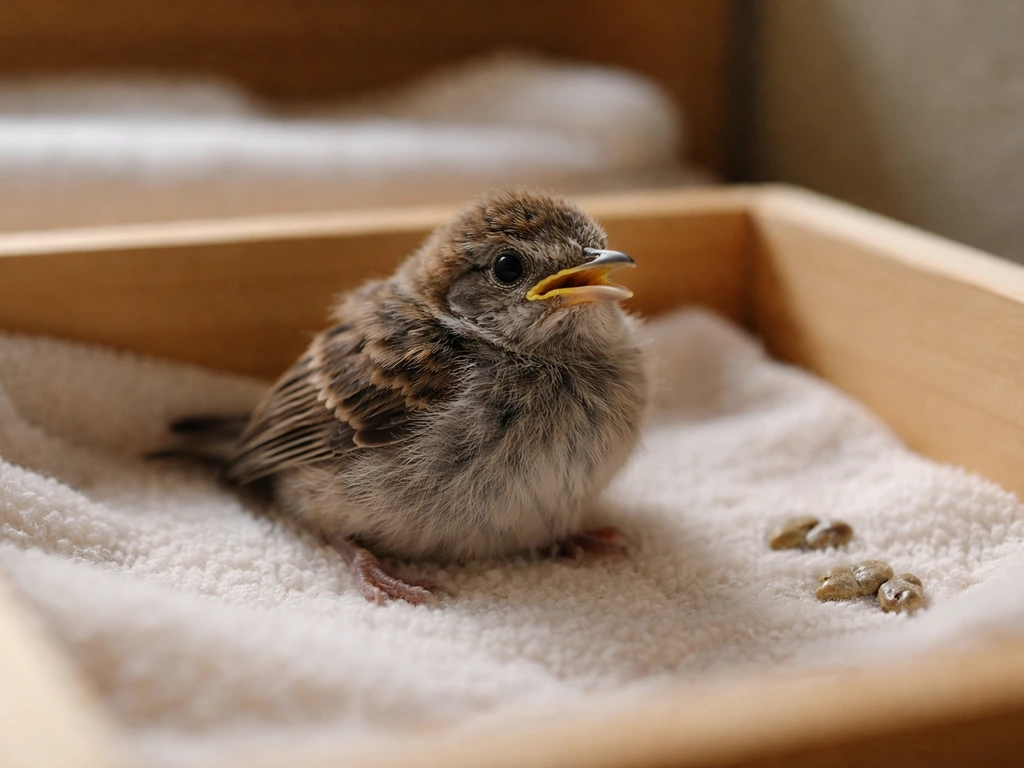 Young fledgling in a nest box near a rehab setup with soft, loose droppings on bedding.