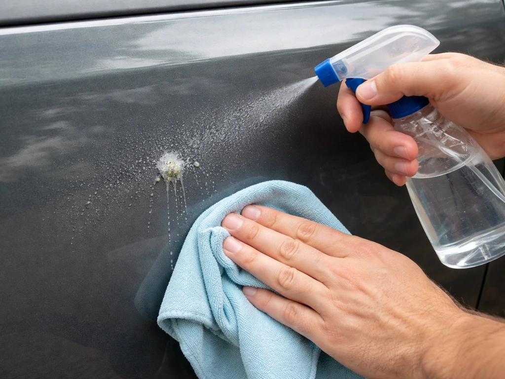 Close-up of a person wetting and gently wiping fresh bird droppings off a car panel with water and cloth
