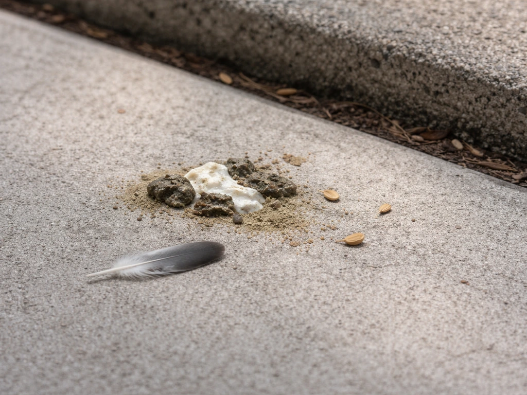 Close-up of bird droppings on concrete showing pale uric acid mixed with darker fecal matter.