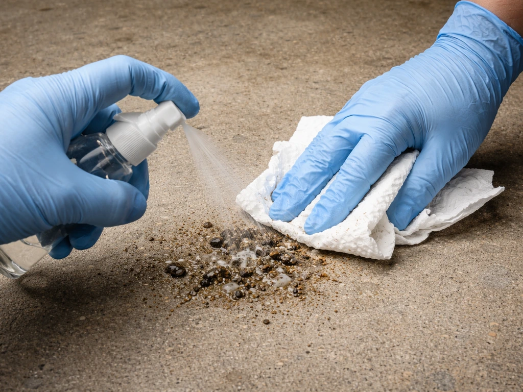 Gloved hands spray water on contaminated droppings on concrete, then wipe with a paper towel.