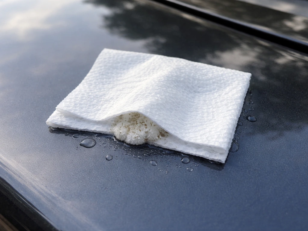 Paper towel rehydrating a bird dropping on a car’s clear coat, then ready to wipe gently.