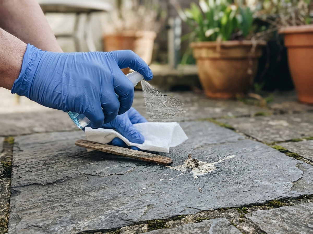 Wet-before-touch cleanup of bird droppings with gloves and spray bottle on patio stone
