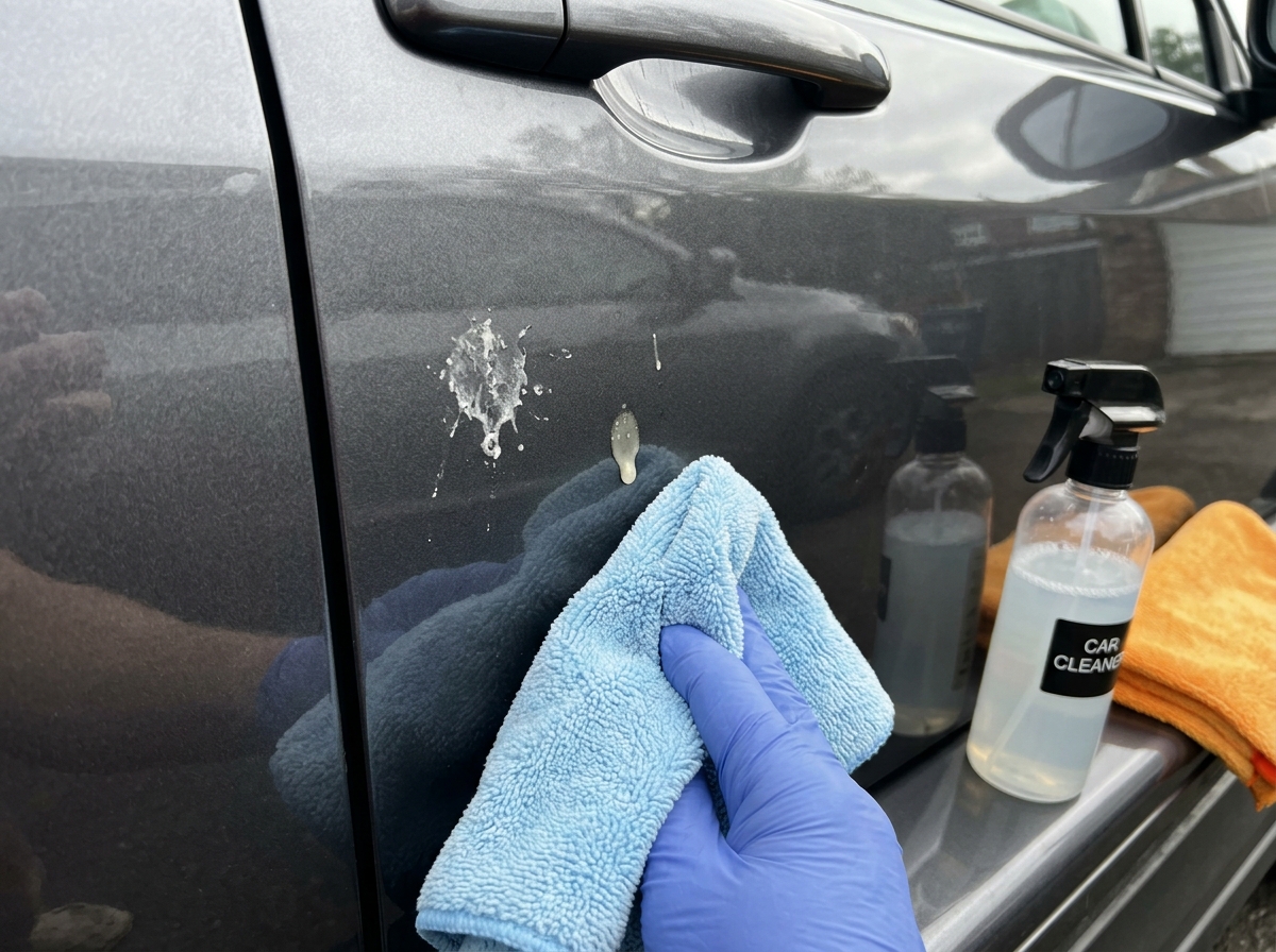 Blotting and preparing to clean bird droppings on a car surface