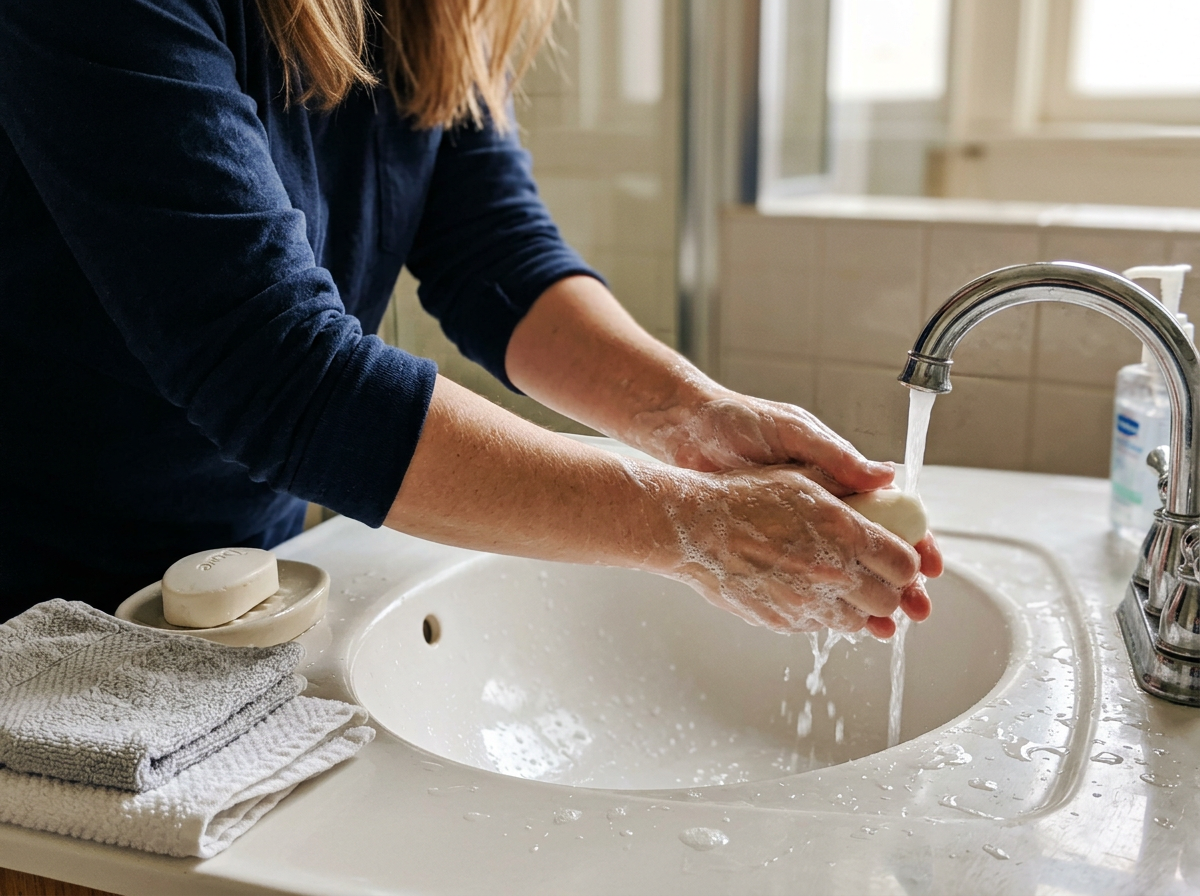 Washing hands and forearm after accidental bird droppings contact