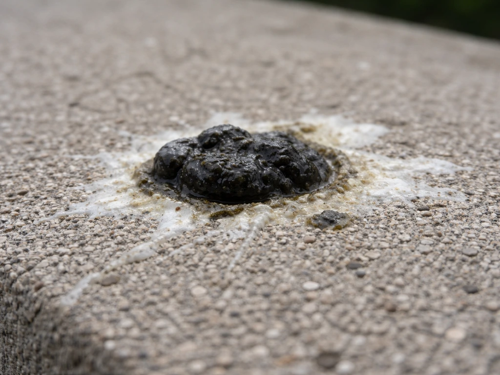 Macro close-up of dark bird droppings with a pale urate smear on a neutral outdoor surface.