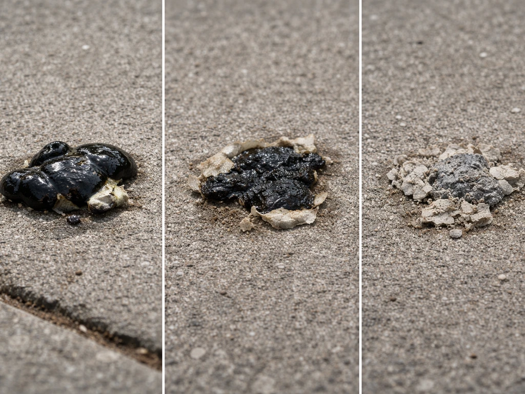 Three photoreal close-ups of black bird droppings in fresh, semi-dry edge, and dried forms on pavement