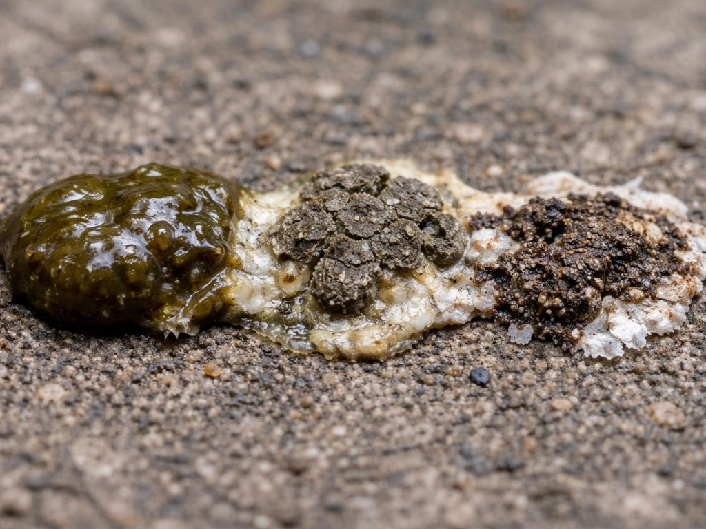 Macro view showing fresh wet, drying, and partly hardened bird droppings on rough ground.