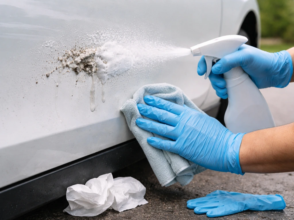 Gloved hand cleaning black bird droppings on a car with damp cloth after soapy water spray