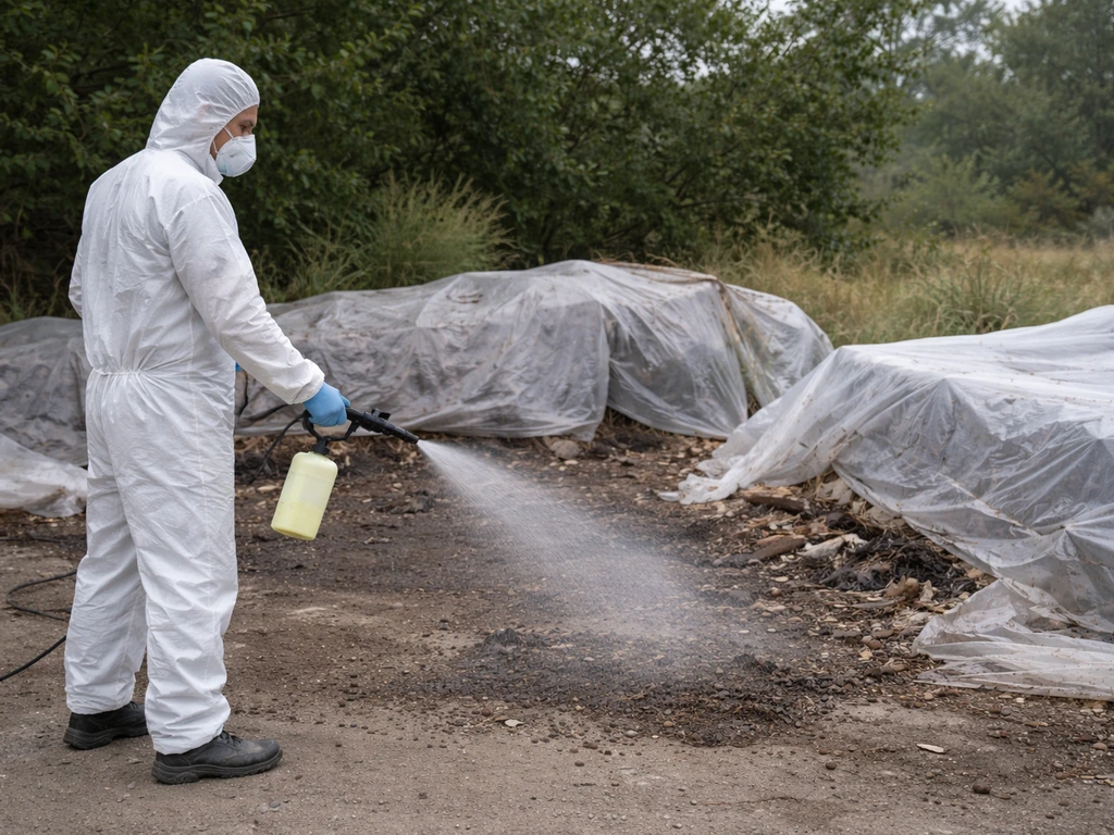 Cleanup worker in N95 and coveralls wetting a dusty roost-site area before handling debris.