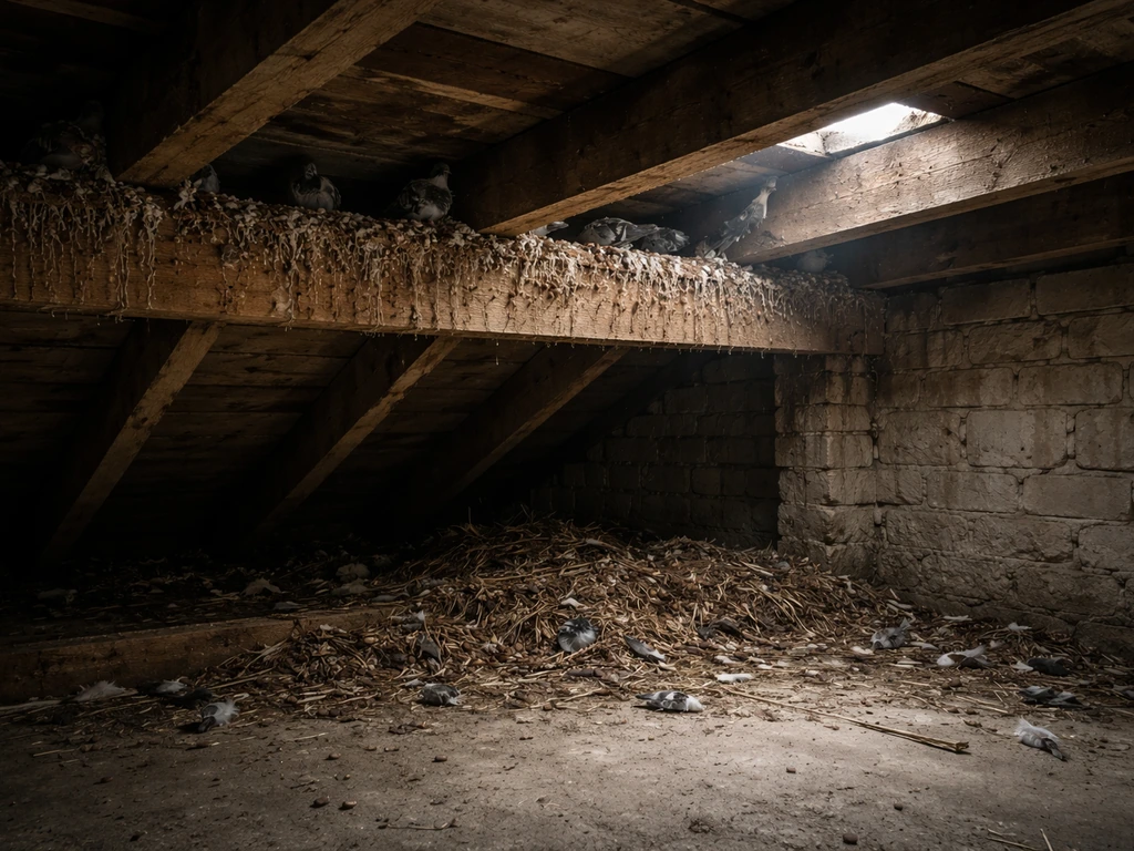 Attic/warehouse corner with accumulated bird droppings under exposed beams and dusty nesting debris
