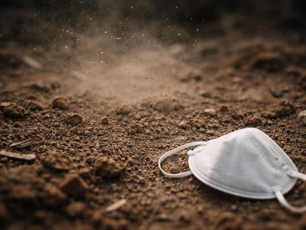 Respirator and dusty soil with faint fungal spore-like particles to suggest inhalation risk.