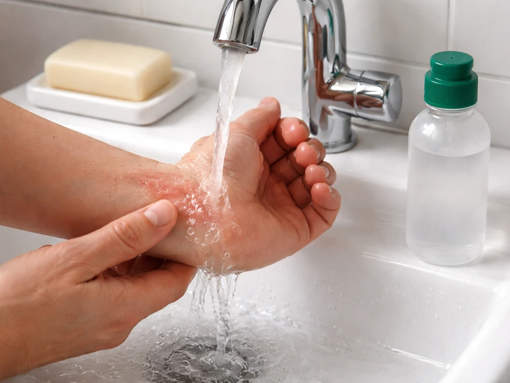 Close-up of hands rinsing a forearm at a sink with soap and running warm water