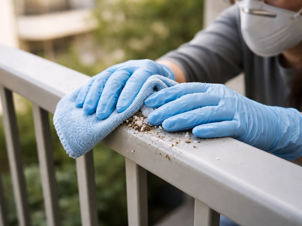 Gloved hands and respirator mask wiping bird droppings off a balcony railing with a damp cloth.