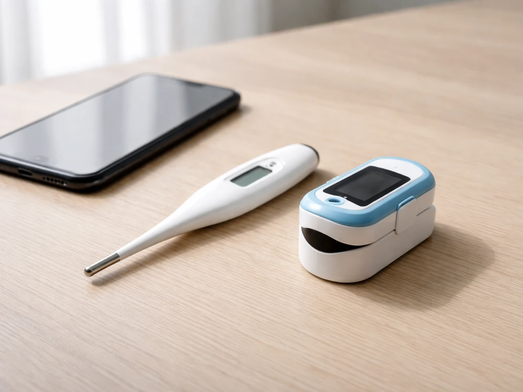 Thermometer and pulse oximeter beside a phone, suggesting when to seek medical care after exposure