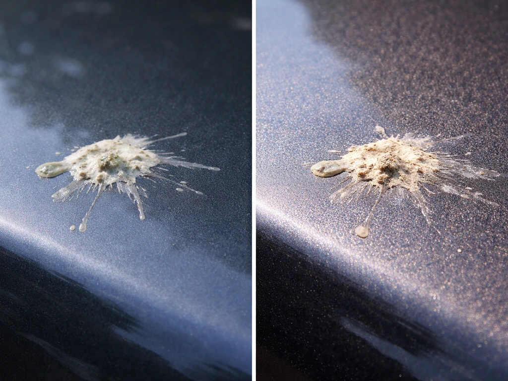 Close-up split view of car paint with bird droppings: shade looks less crusted than hot sun etching.