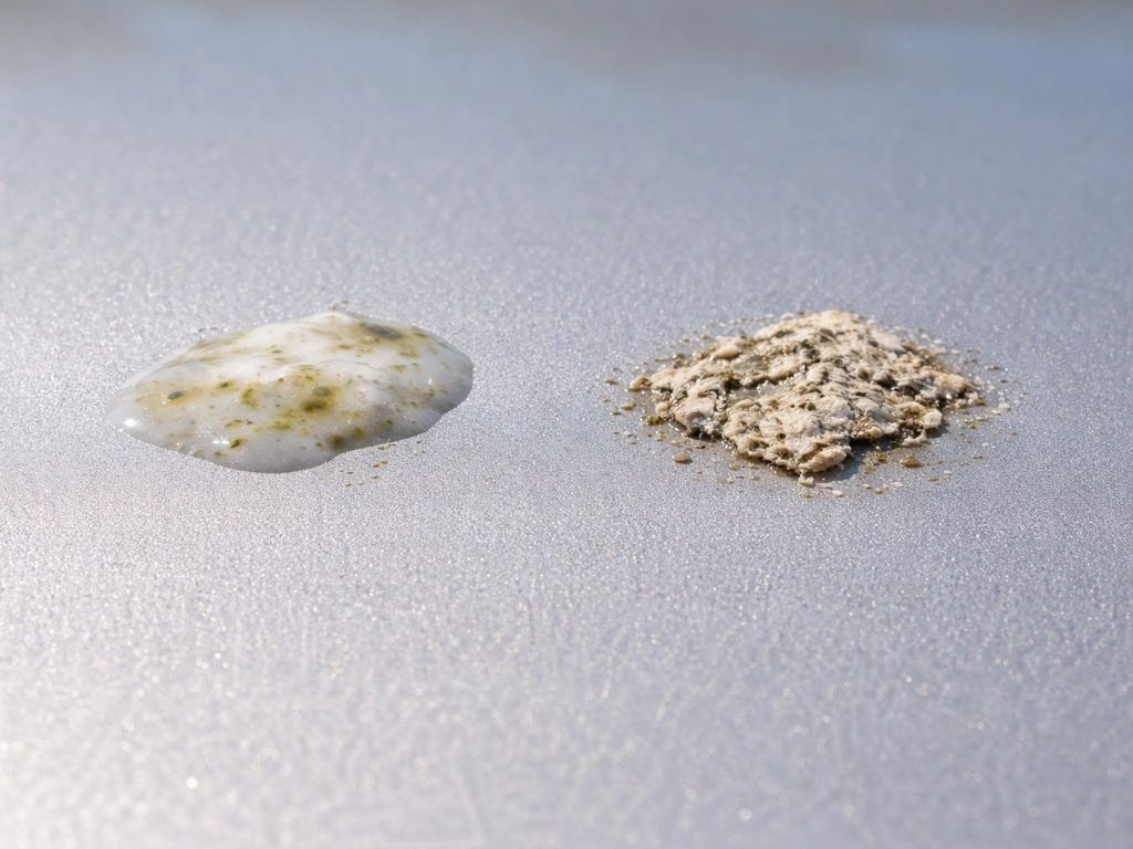 Macro close-up of car clear coat showing adjacent wet droppings and a rough dried crust.