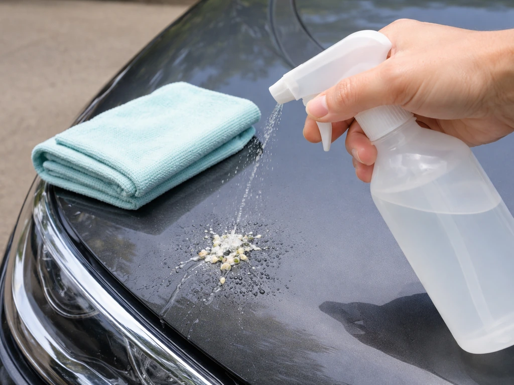 Soapy-free water droplets being poured over bird poop on a car’s paint with a clean microfiber cloth nearby.