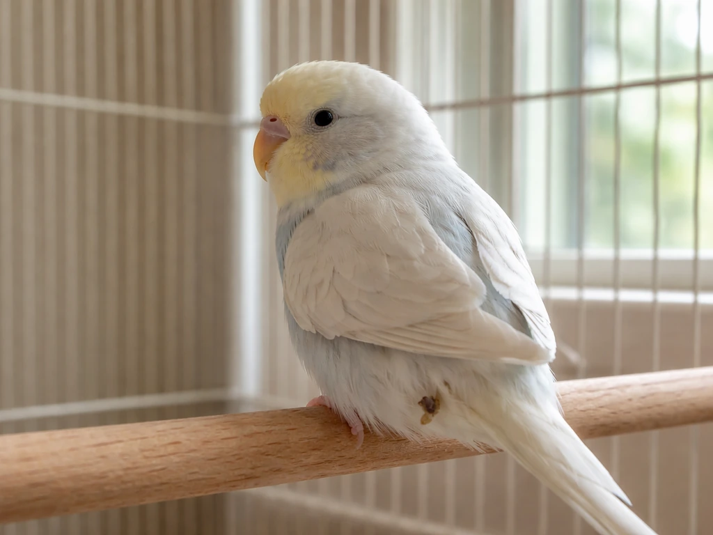 Calm small pet bird perched in a clean cage with subtle droppings near the vent area.