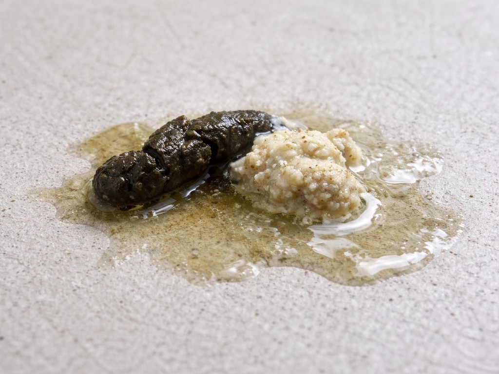 Close-up of three distinct bird droppings components: dark fecal part, white urates, and clear liquid urine.