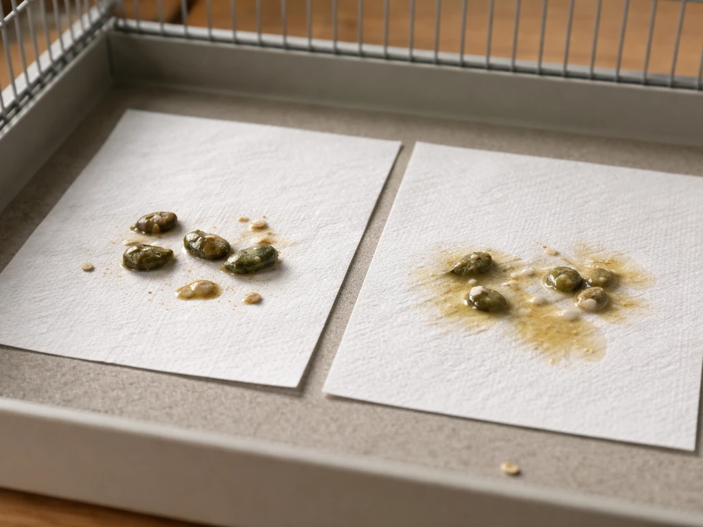 Two small bird-cage liner samples side-by-side showing drier droppings vs wetter, more liquid urate.