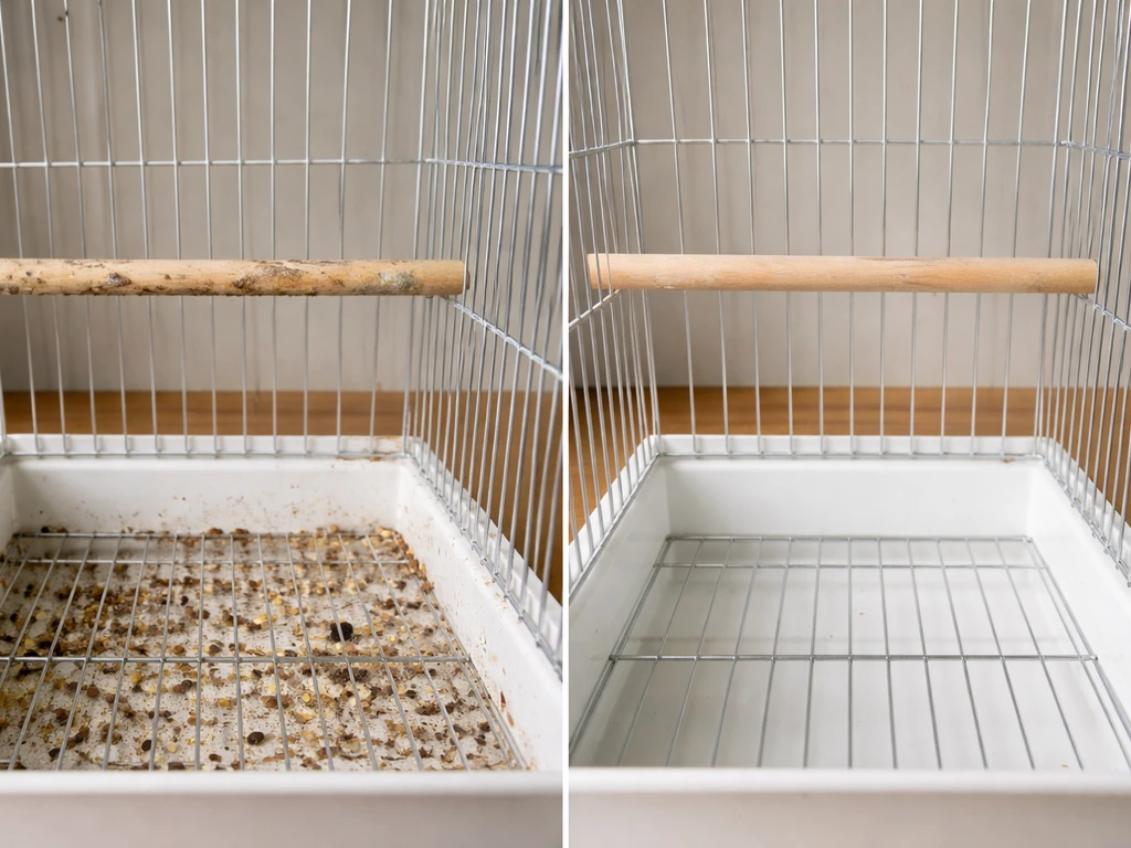 Left: dirty bird cage with droppings on perches; right: clean cage base and perches for hygiene comparison.