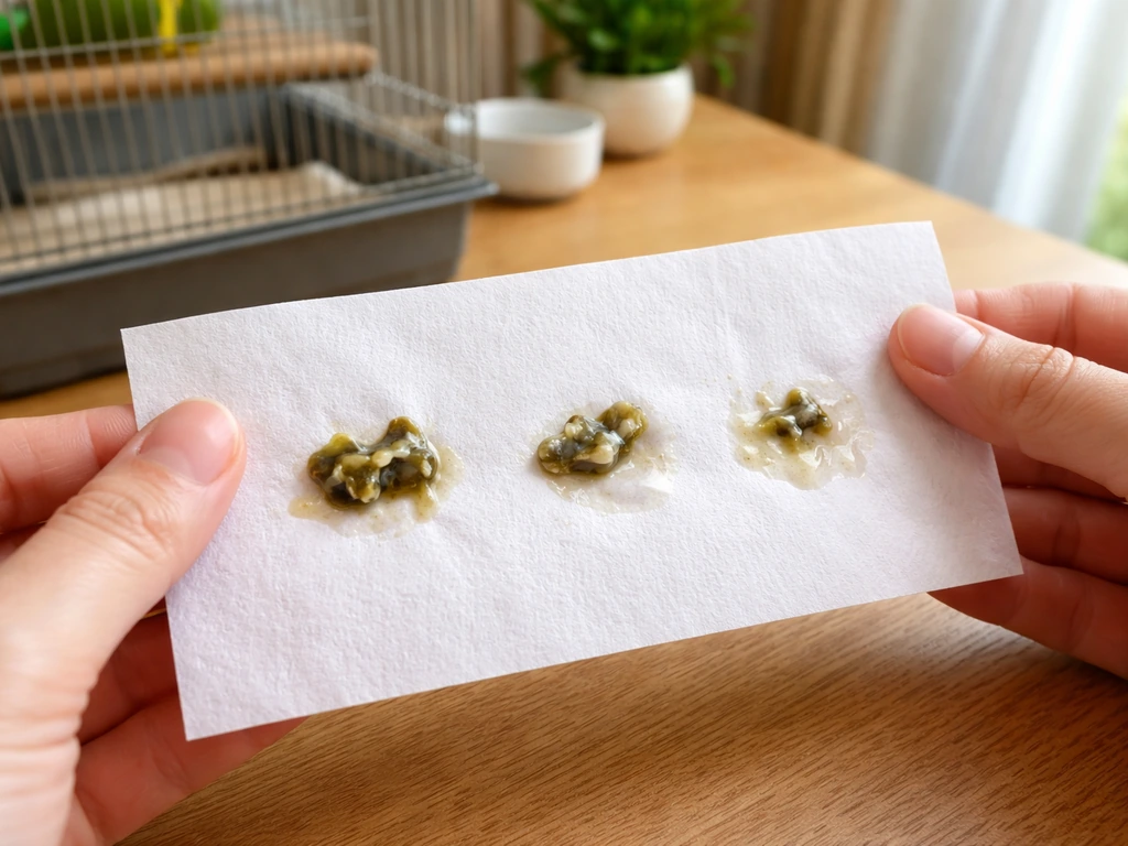 Gloved caregiver hands inspecting fresh cage-liner bird droppings on a sheet at home