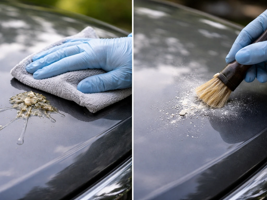 Close-up of car surface cleanup: wet bird droppings being wiped vs dried chalky residue brushed up dust