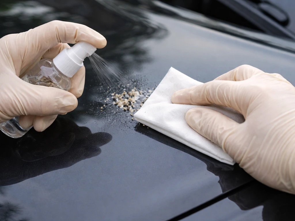 Gloved hands wetting and gently wiping bird droppings off a car panel with paper towels