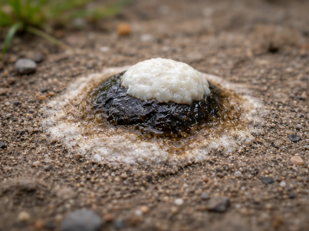 Macro close-up of bird droppings showing dark center with white urate on natural outdoor ground.