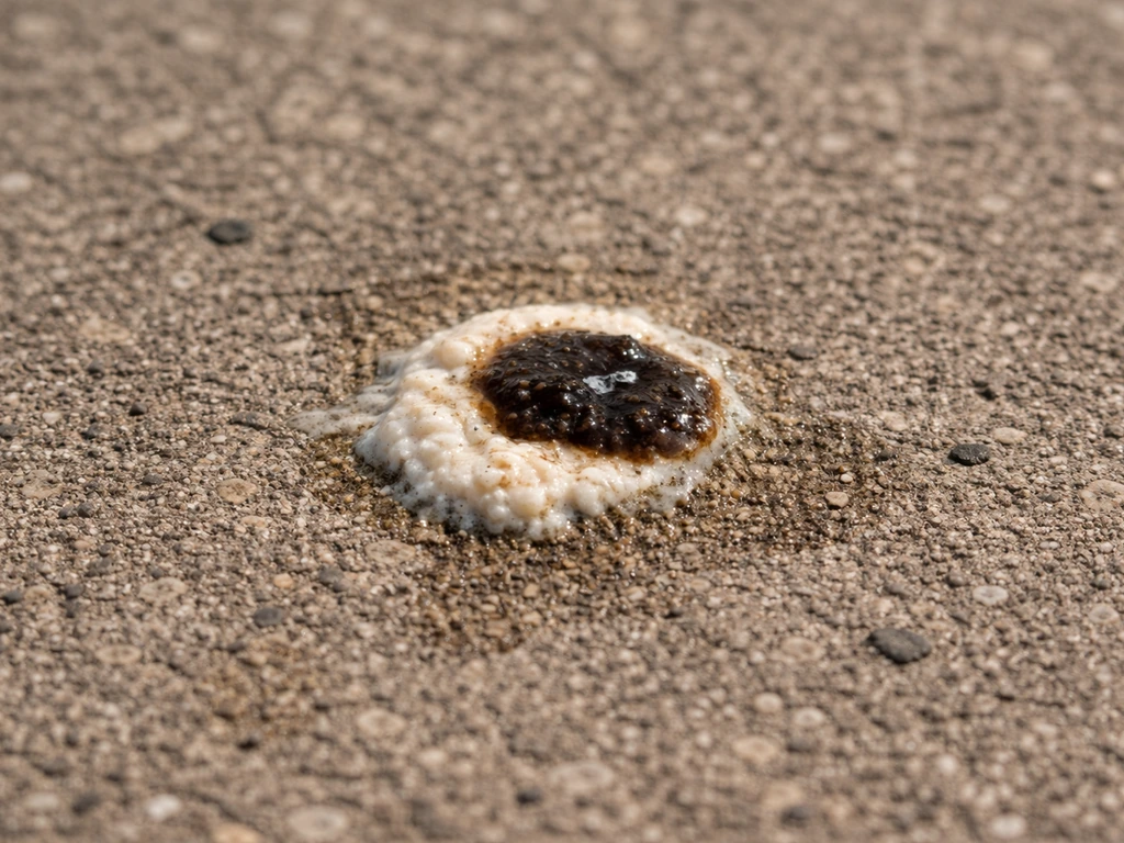 Close-up of bird droppings on outdoor pavement: white/cream urate with dark brown center.