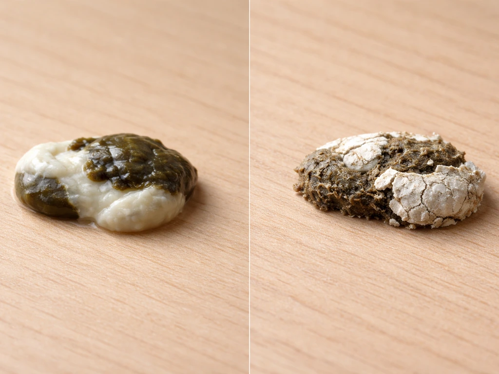 Two bird droppings on a wooden surface: one fresh and glossy, one dried and cracked.