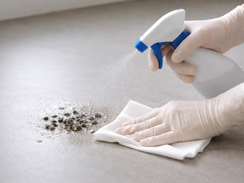 Gloved hands wetting bird droppings with disinfectant using paper towels and a spray bottle, safely and minimally.