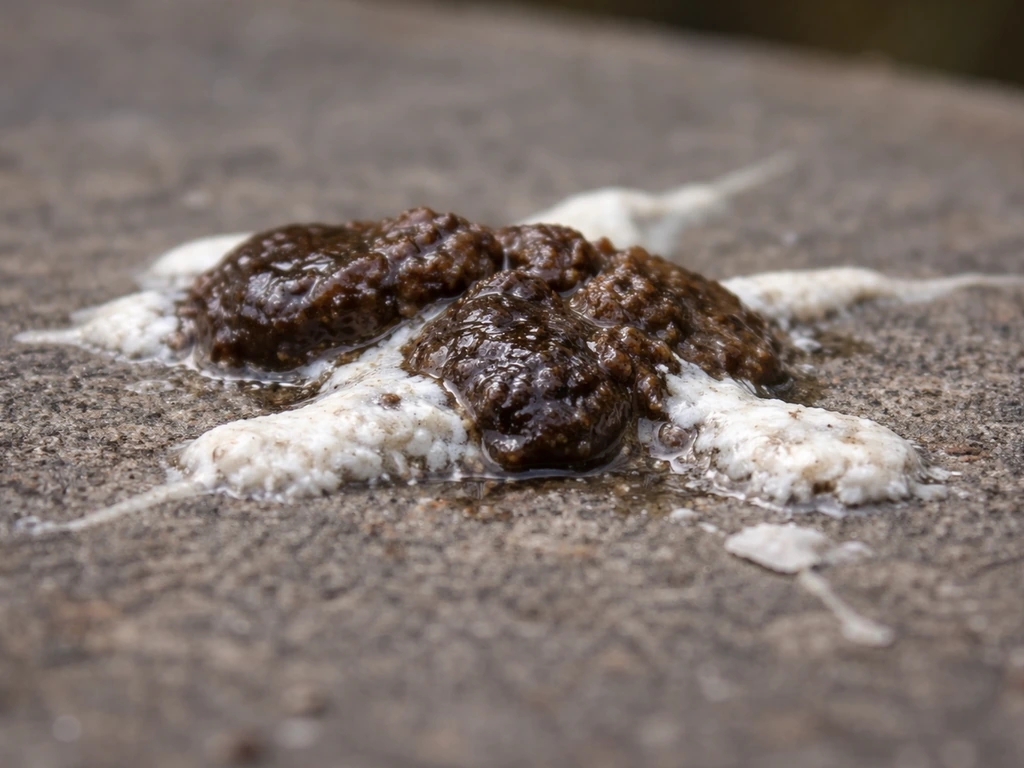 Macro close-up of bird droppings texture showing dark fecal matter with white uric-acid streaks