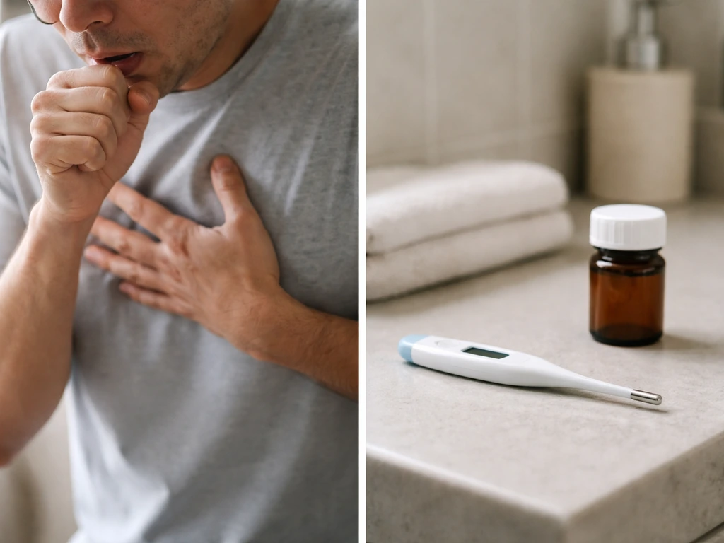 Split-screen: anonymous person holding chest coughing on left, digital thermometer on counter on right.