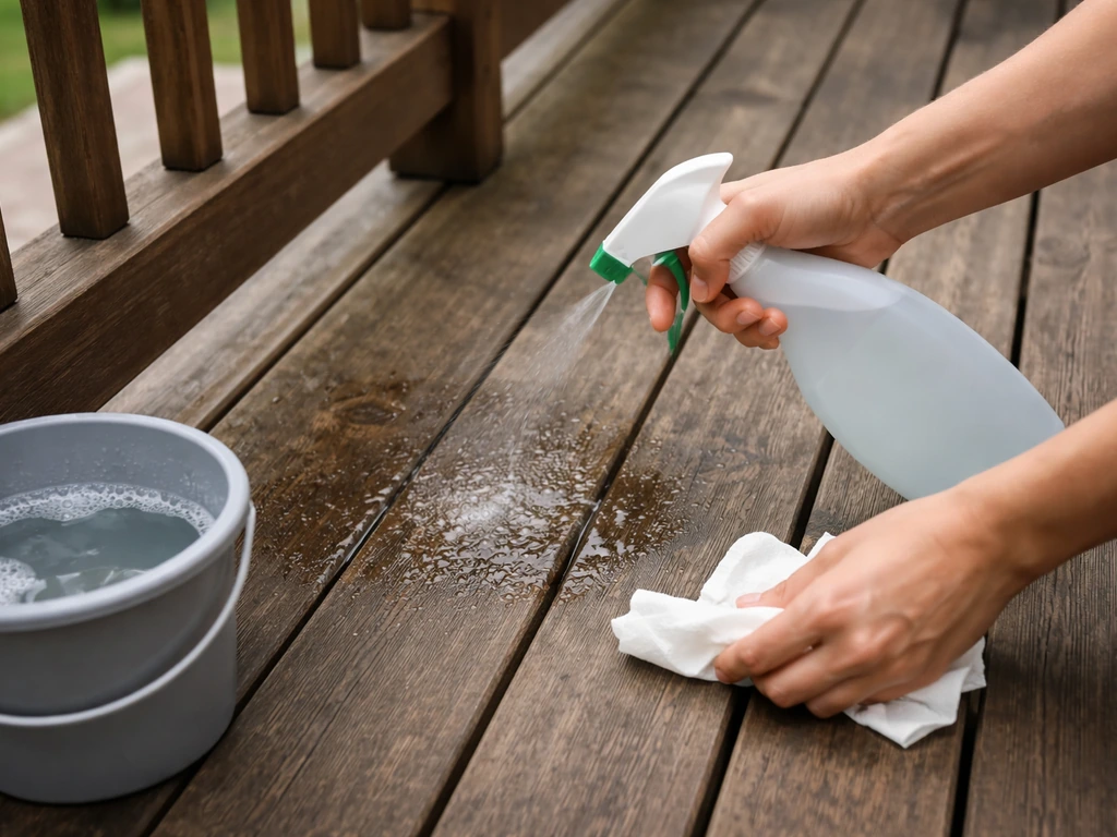 Hands wet-spraying a deck walkway with disinfectant and wiping with disposable towels.