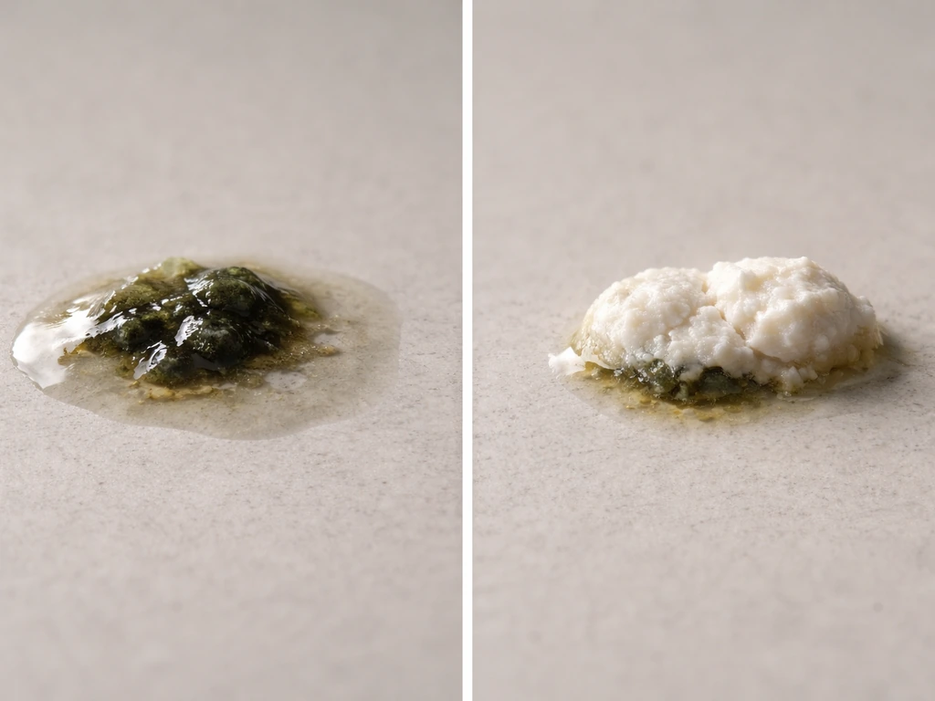Side-by-side macro closeup of fresh bird droppings and the white creamy urate cap on a ceramic surface.