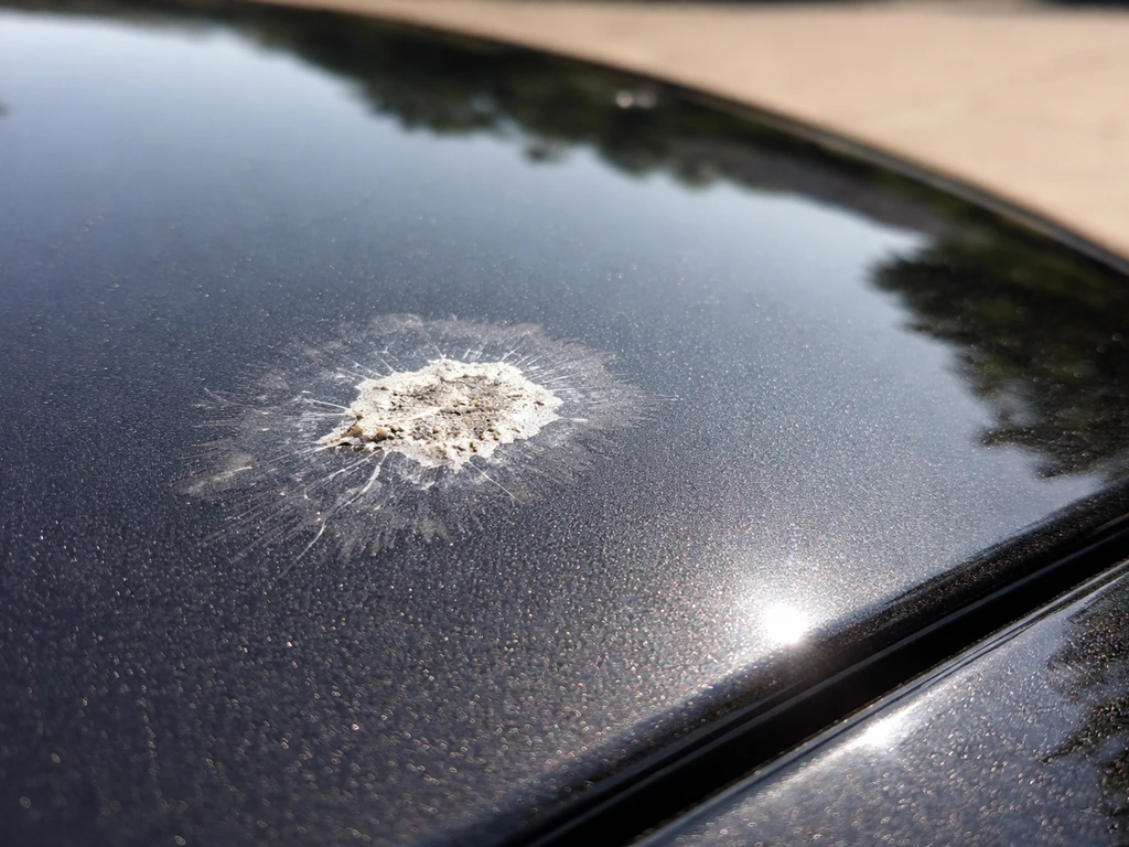 Closeup of etched, hazy paint on a car from a droppings mark with nearby clean paint visible.