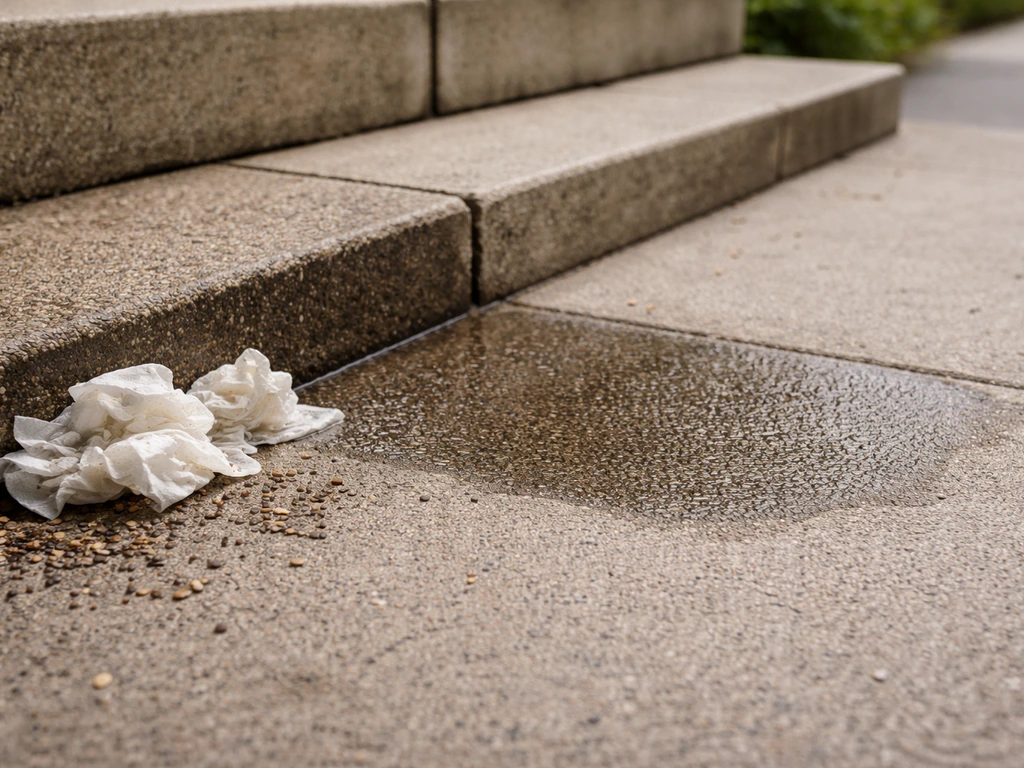 Wet concrete/stone sidewalk section with damp paper towels and collected debris after cleanup.