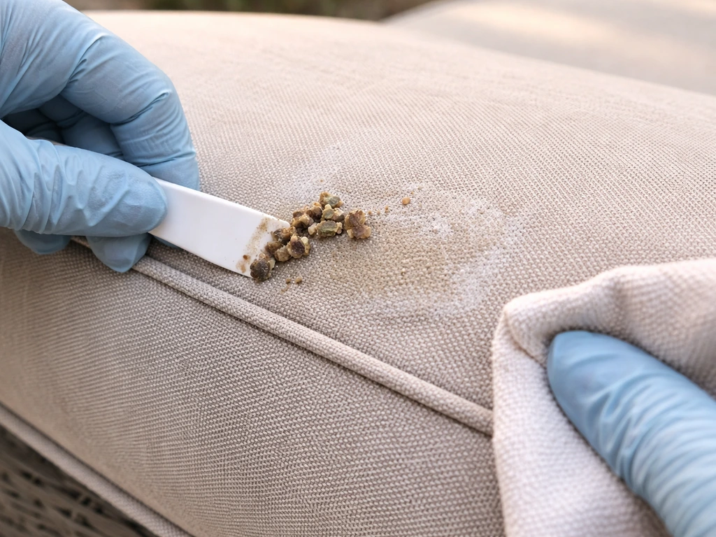 Gloved hand lifting dried droppings and applying spot treatment on an outdoor cushion seam.